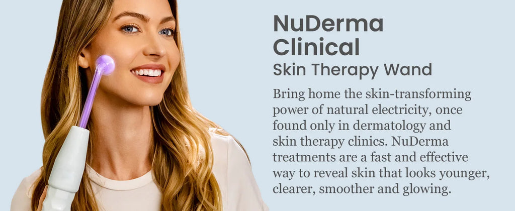 Woman using high frequency facial wand for skin therapy treatment