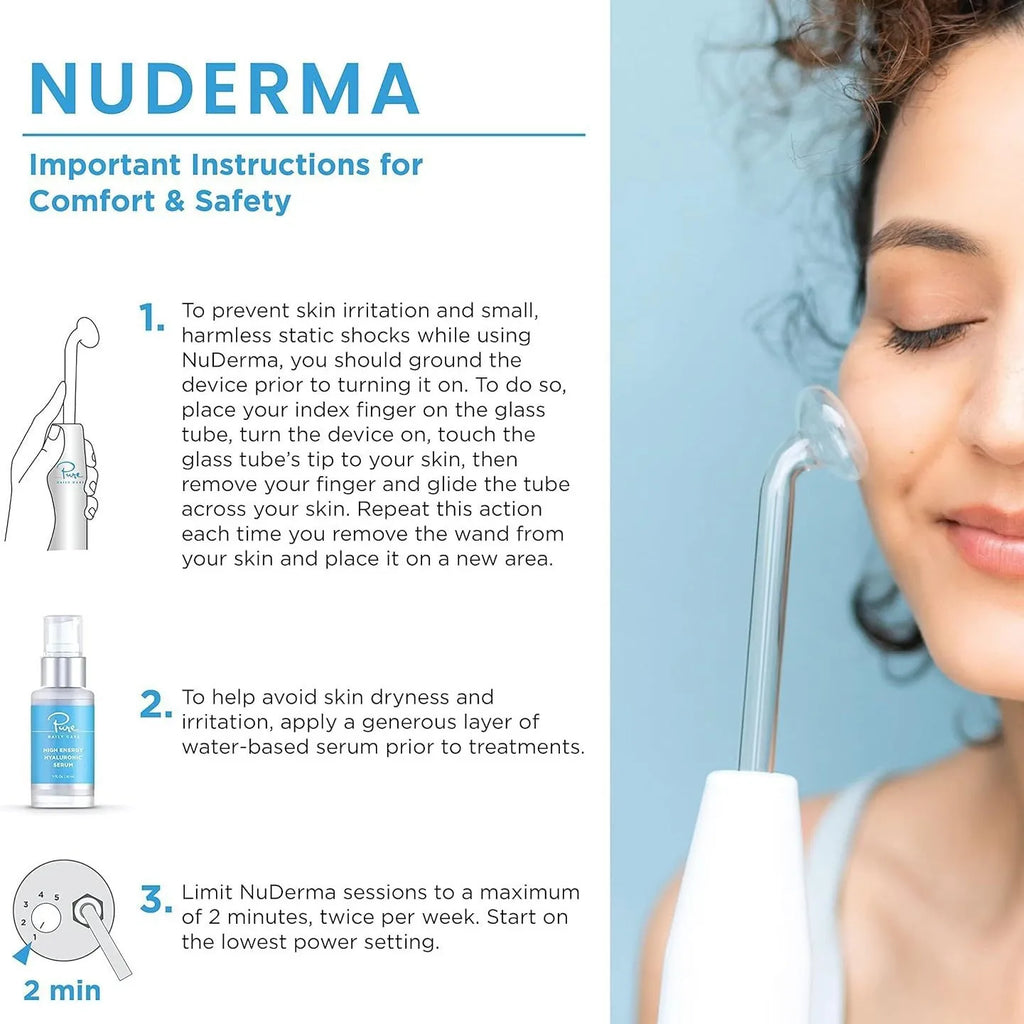 High frequency facial device with safety instructions and woman using it
