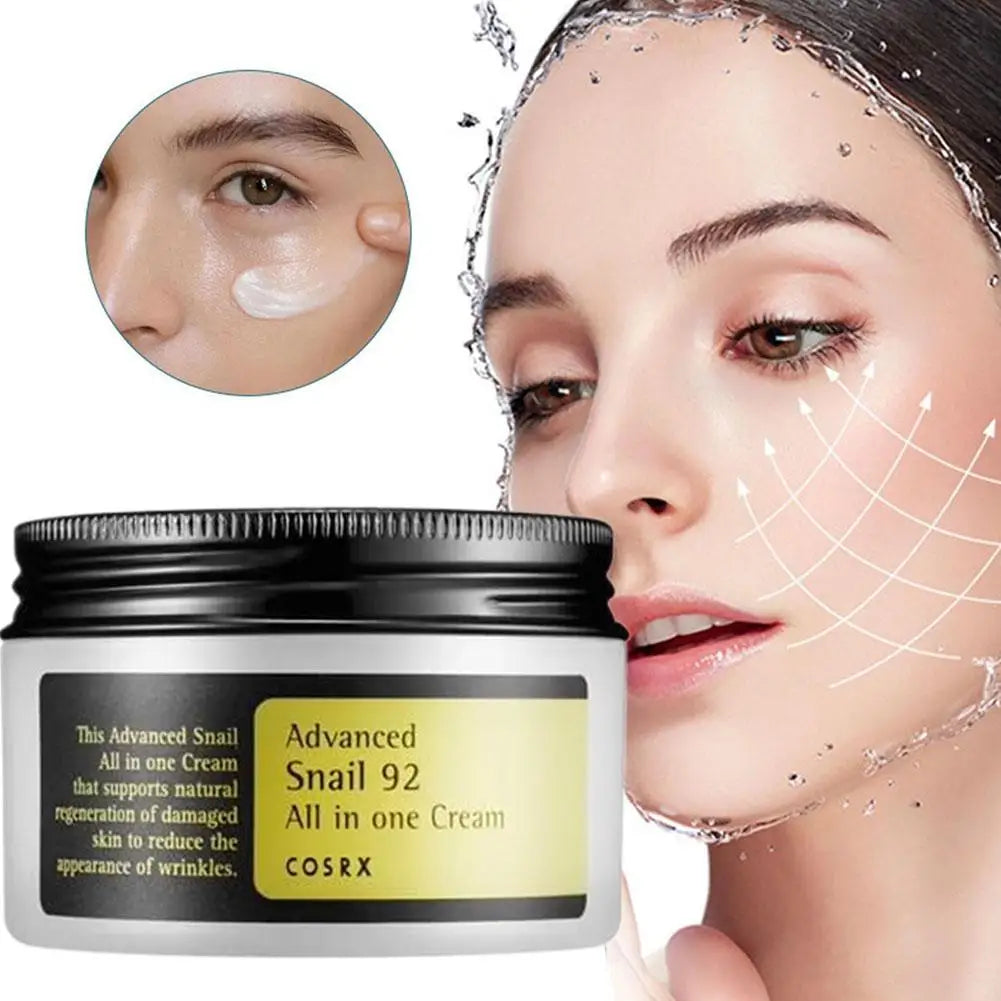 Cosrx Advanced Snail 92 All-in-One Cream jar with a woman applying cream to her face.