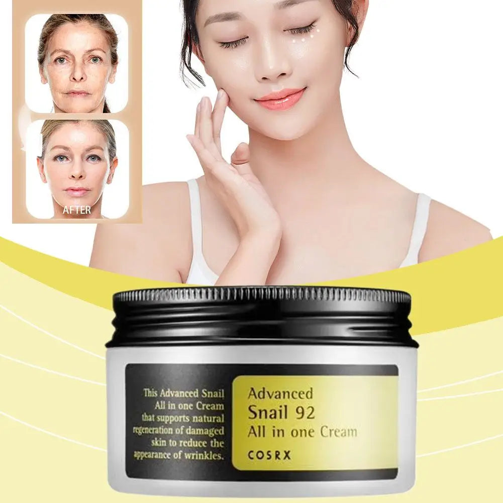 Cosrx Advanced Snail 92 All-in-One Cream jar with a woman applying cream and 'AFTER' results on a yellow background