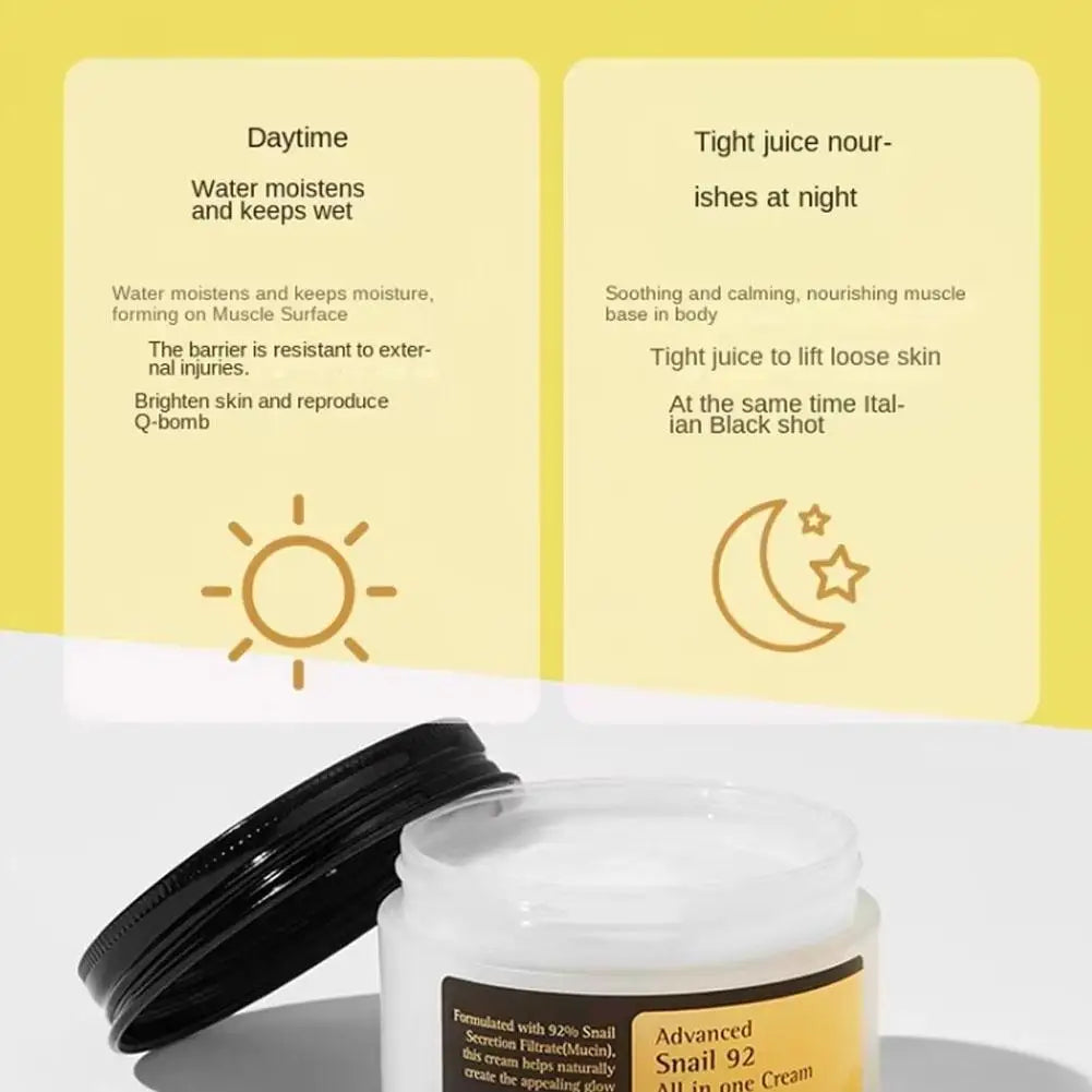 Jar of cream with text about daytime and nighttime skin care routines on a yellow background