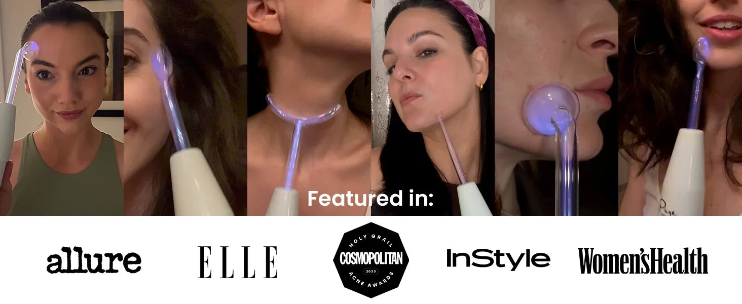 Woman using professional high frequency skincare device at home